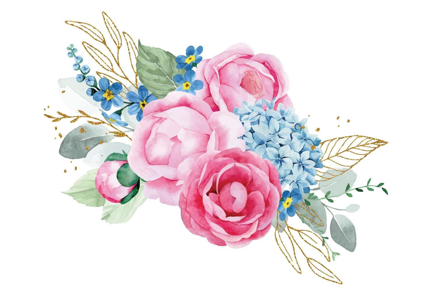 acquerello disegno. mazzo, composizione di eucalipto fiori e foglie, d'oro le foglie e elementi. rosa rosa fiori, peonia, blu ortensie. vettore