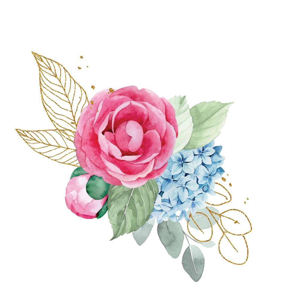 acquerello disegno. mazzo, composizione di eucalipto fiori e foglie, d'oro le foglie e elementi. rosa rosa fiori, peonia, blu ortensie. vettore