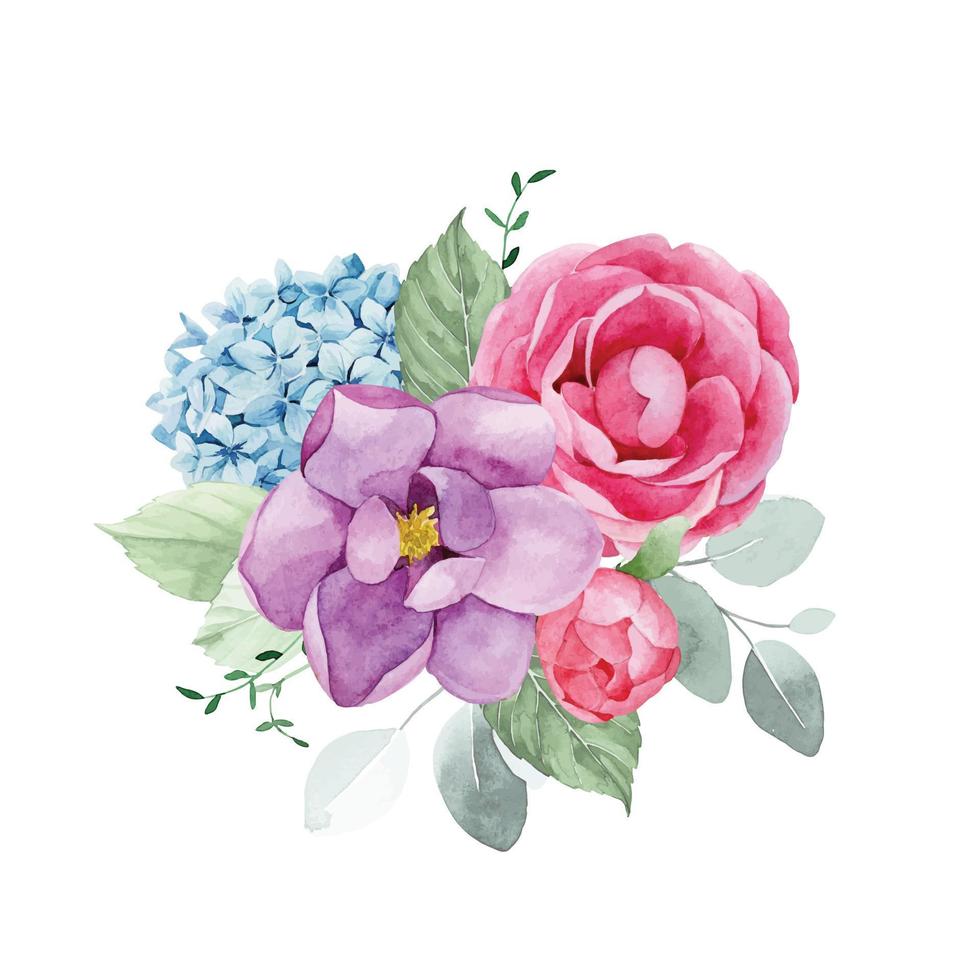 acquerello disegno. mazzo, composizione con fiori e le foglie di eucalipto. rosa peonia fiori, Rose, blu ortensie. delicato Stampa, Vintage ▾ decorazione vettore