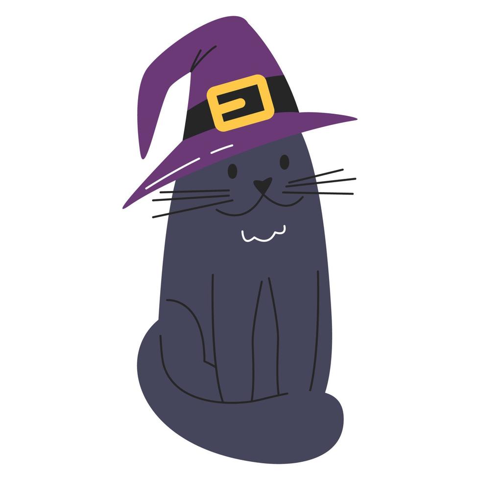 domestico animale è tradizionale Halloween simbolo. divertente nero gattino nel procedura guidata viola cappello. soffice gatto nel strega Magia viola copricapo. mano disegnato piatto vettore illustrazione isolato su bianca sfondo