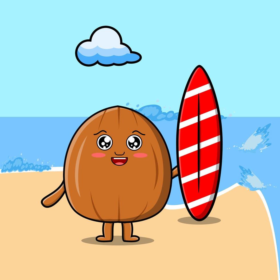 carino cartone animato mandorla Noce personaggio giocando fare surf vettore