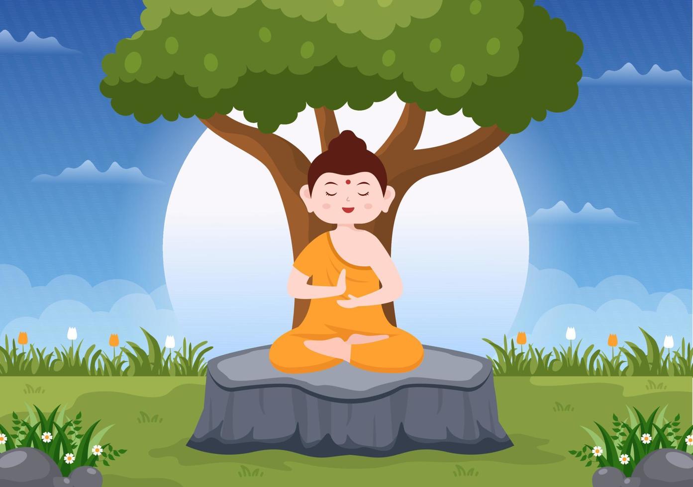 contento makha bucha giorno modello mano disegnato cartone animato piatto illustrazione Budda seduta nel loto fiore sotto bodhi albero a notte circondato di monaco vettore