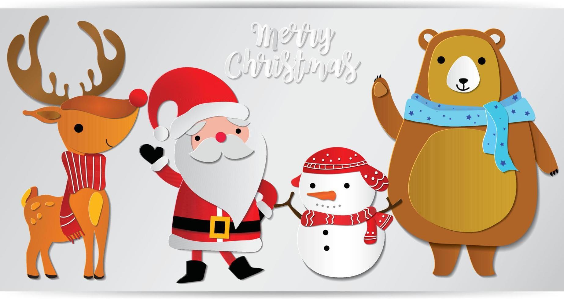 allegro Natale contento Natale compagni. Santa claus, pupazzo di neve, renna e orso per decorare saluto carta o sfondo vettore