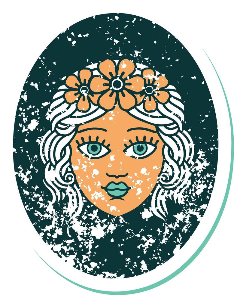 iconico afflitto etichetta tatuaggio stile Immagine di un' fanciulla con corona di fiori vettore