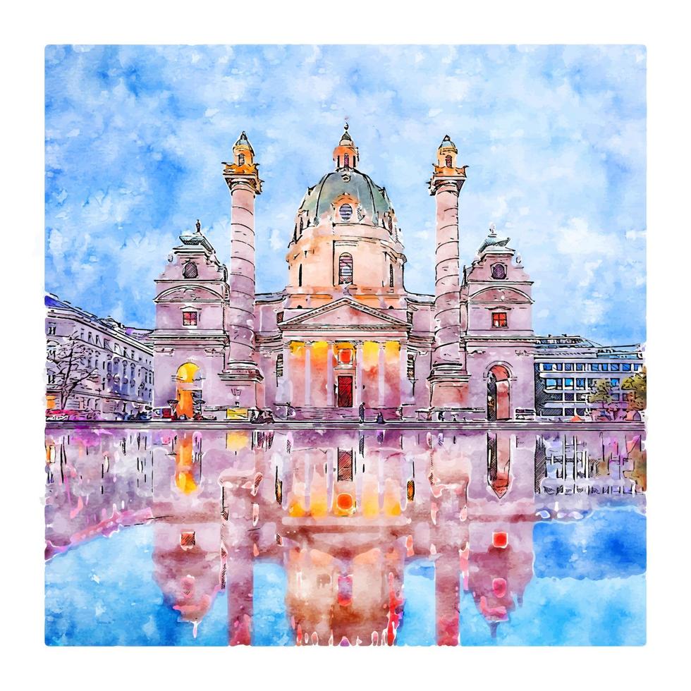 karlsplatz vienna Austria acquerello schizzo mano disegnato illustrazione vettore