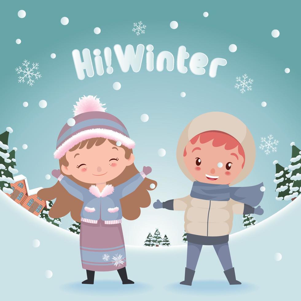 adorabile bambino saluta inverno felicemente vettore