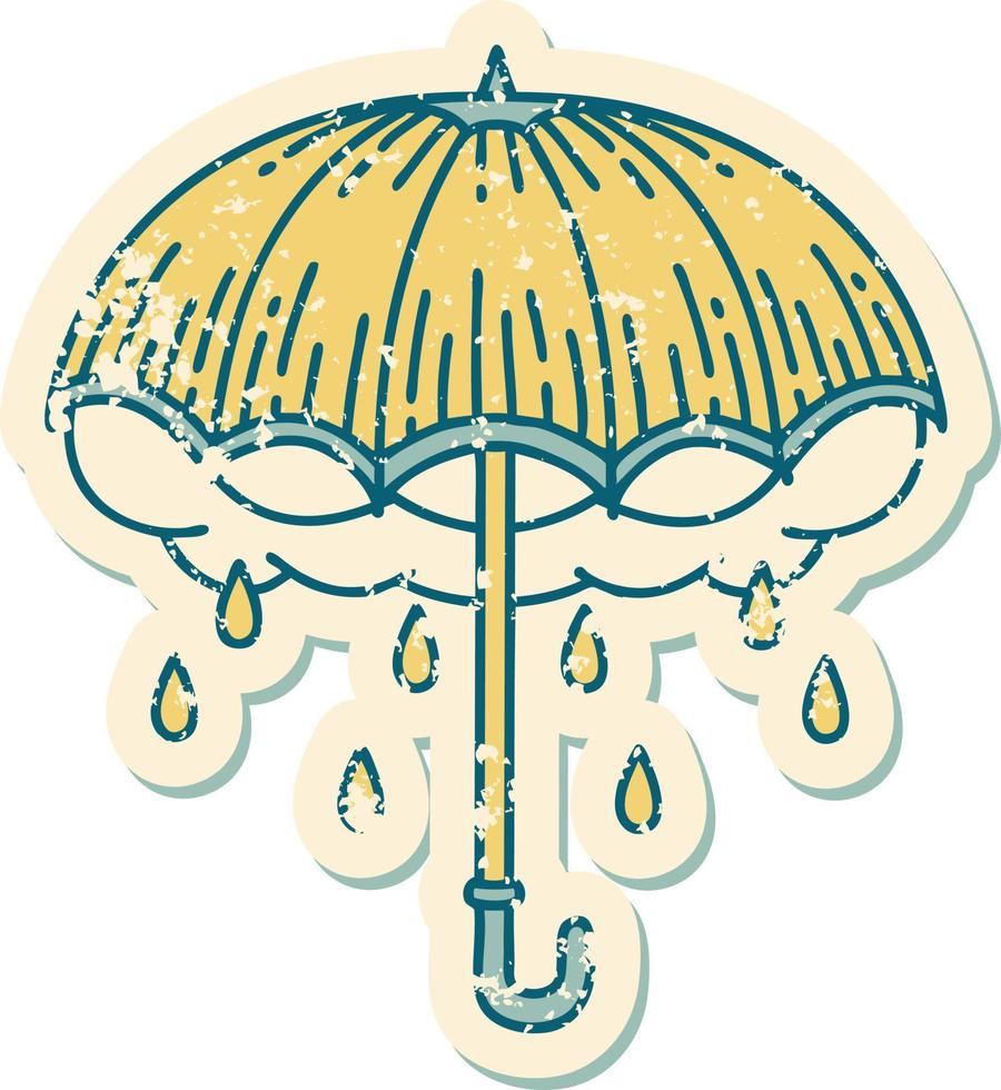 iconico afflitto etichetta tatuaggio stile Immagine di un ombrello e tempesta nube vettore