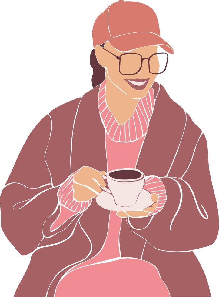 un' giovane ragazza nel un' cappotto e berretto bevande caffè. illustrazione nel un' piatto stile. vettore