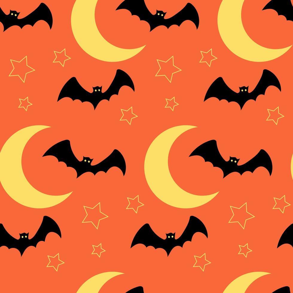 Halloween senza soluzione di continuità modello con pipistrelli volante in giro stelle e Luna su arancia sfondo. mano disegnato vettore illustrazione per festa decorazione, scrapbooking, tessile, parete carta, saluto carte design.
