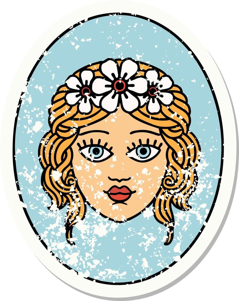afflitto etichetta tatuaggio nel tradizionale stile di un' fanciulla con corona di fiori vettore