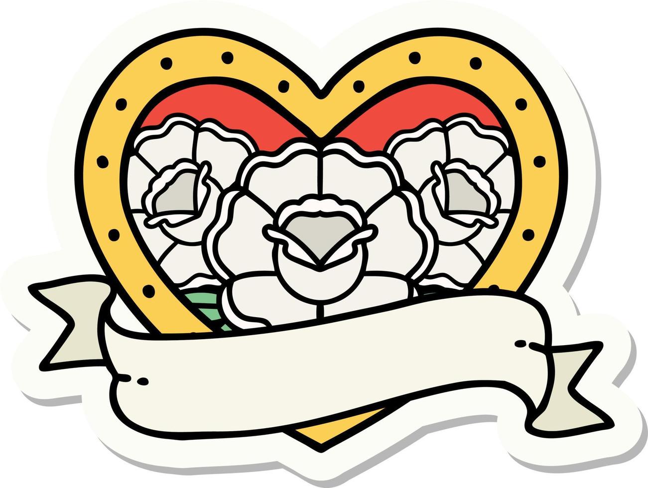 etichetta di tatuaggio nel tradizionale stile di un' cuore e bandiera con fiori vettore