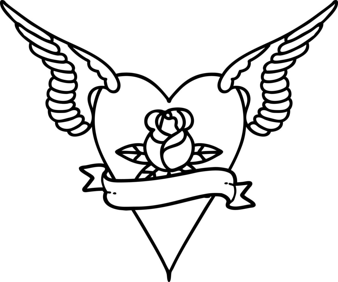 tatuaggio nel nero linea stile di un' volante cuore con fiori e bandiera vettore