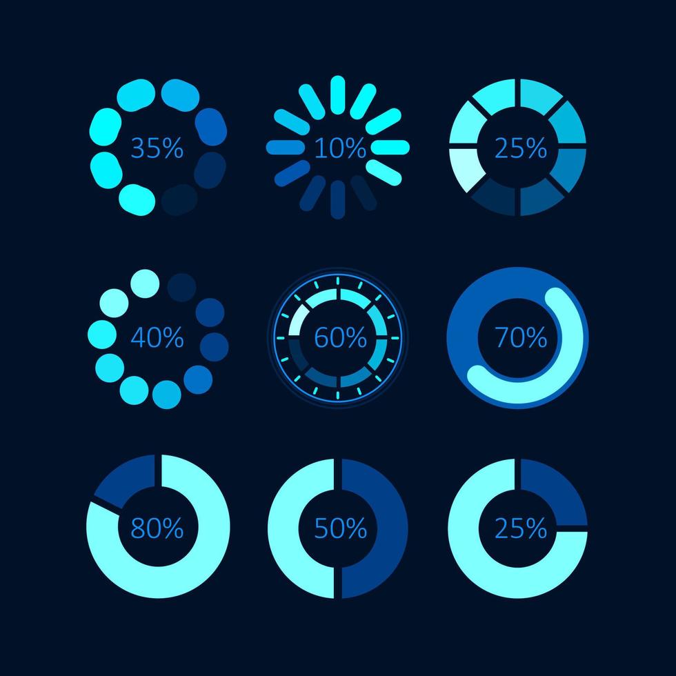 Icone di avanzamento della barra di caricamento. Stile di sovrapposizione dello sfondo blu. vettore