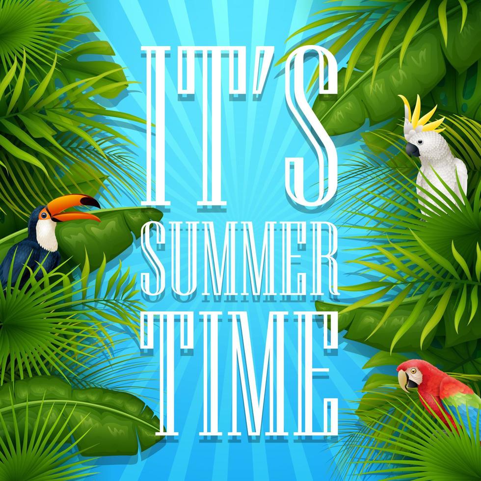 è estate tempo tipografia di legno sfondo con tropicale impianti, fiori, palma foglie, pappagallo e cacatua vettore