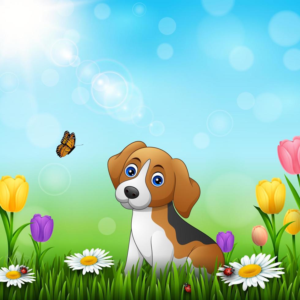 cartone animato cane seduta su il erba sfondo vettore