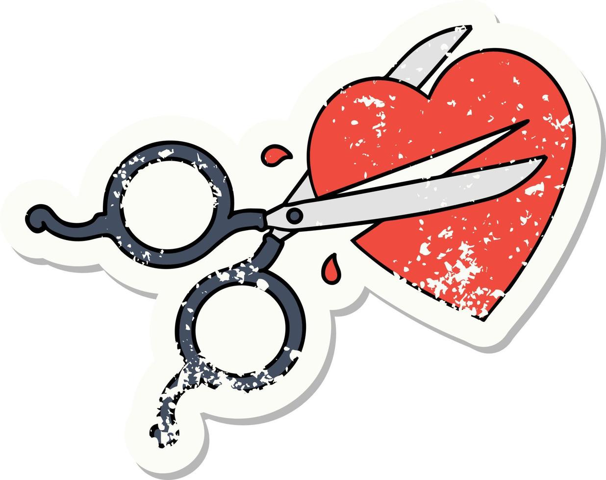 afflitto etichetta tatuaggio nel tradizionale stile di forbici taglio un' cuore vettore