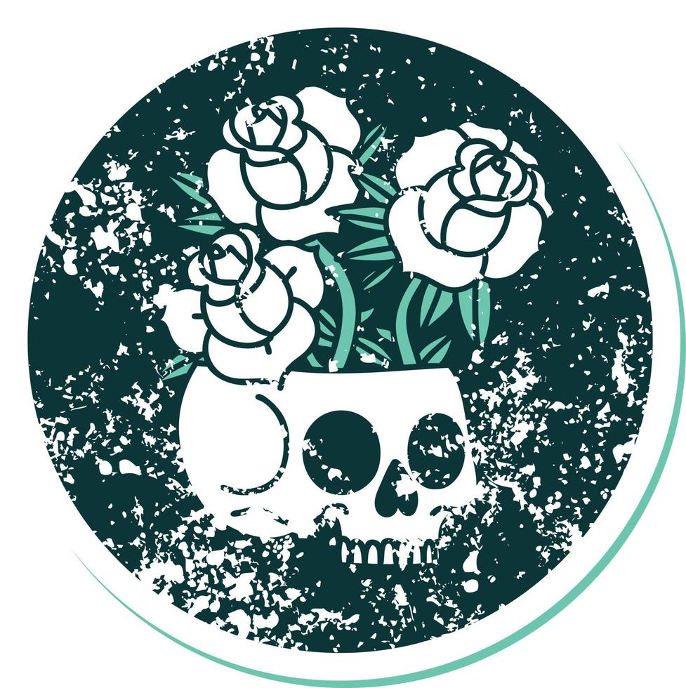 iconico afflitto etichetta tatuaggio stile Immagine di un' cranio e Rose vettore