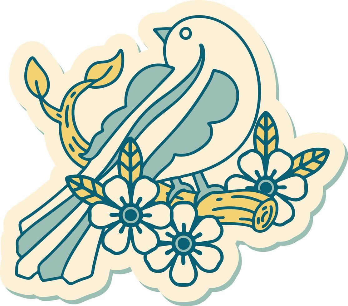 etichetta di tatuaggio nel tradizionale stile di un' uccello su un' ramo vettore