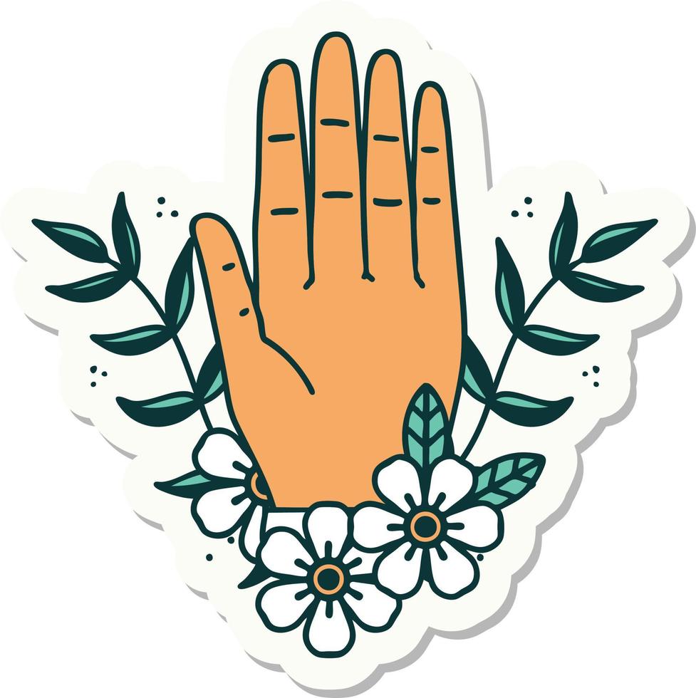 etichetta di tatuaggio nel tradizionale stile di un' mano e fiore vettore
