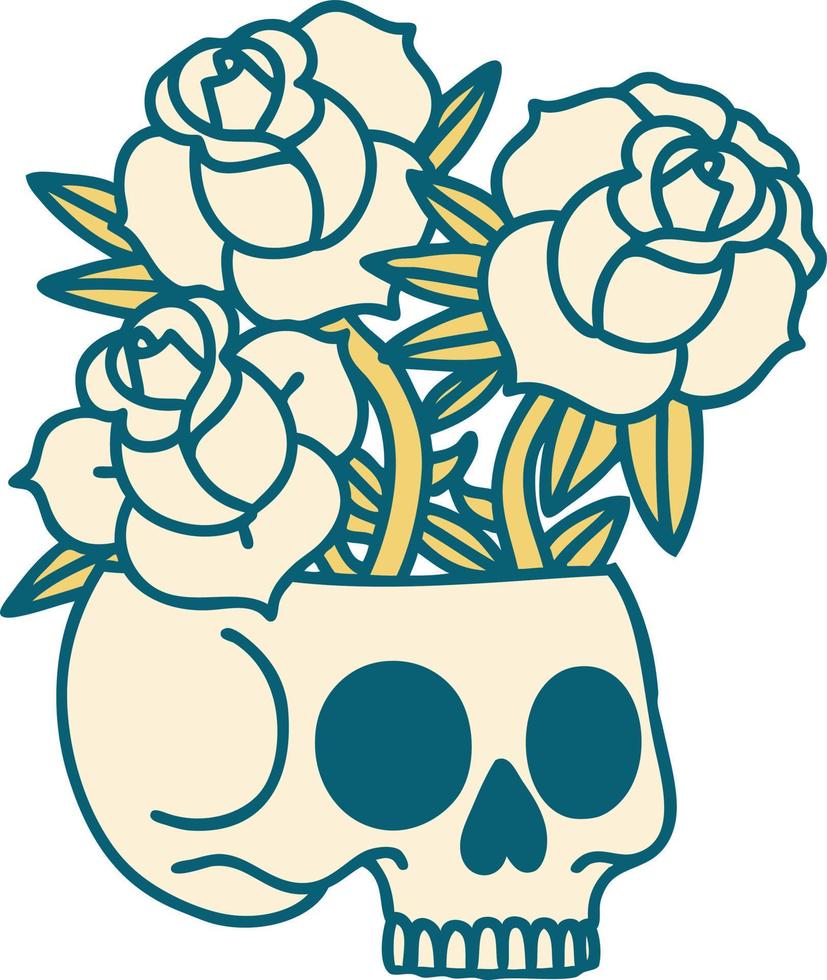 iconico tatuaggio stile Immagine di un' cranio e Rose vettore