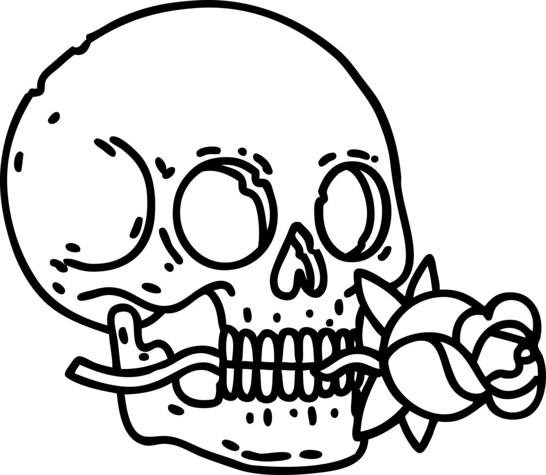 tatuaggio nel nero linea stile di un' cranio e rosa vettore
