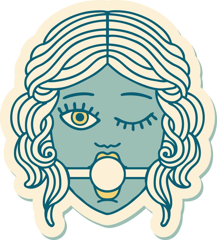 etichetta di tatuaggio nel tradizionale stile di un' strizzando l'occhio femmina viso indossare palla bavaglio vettore