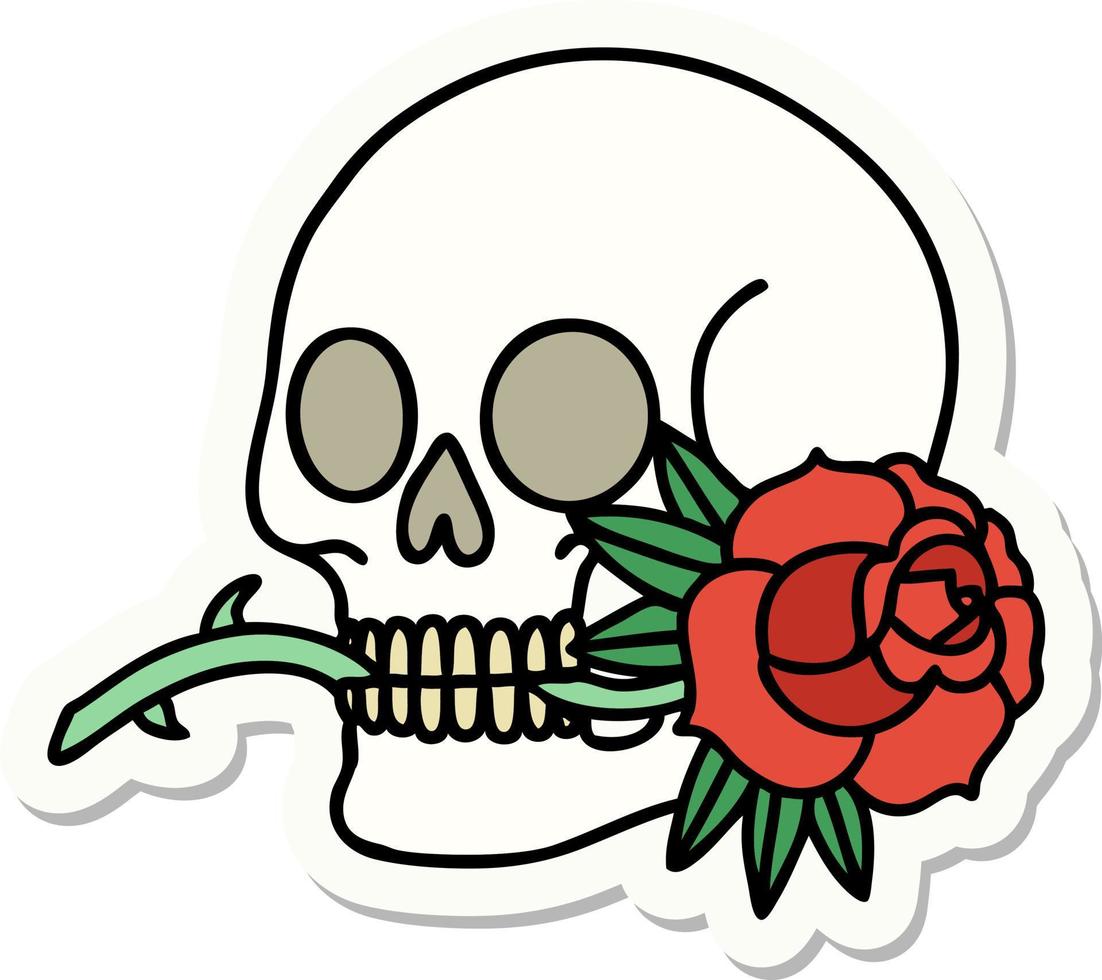 etichetta di tatuaggio nel tradizionale stile di un' cranio e rosa vettore