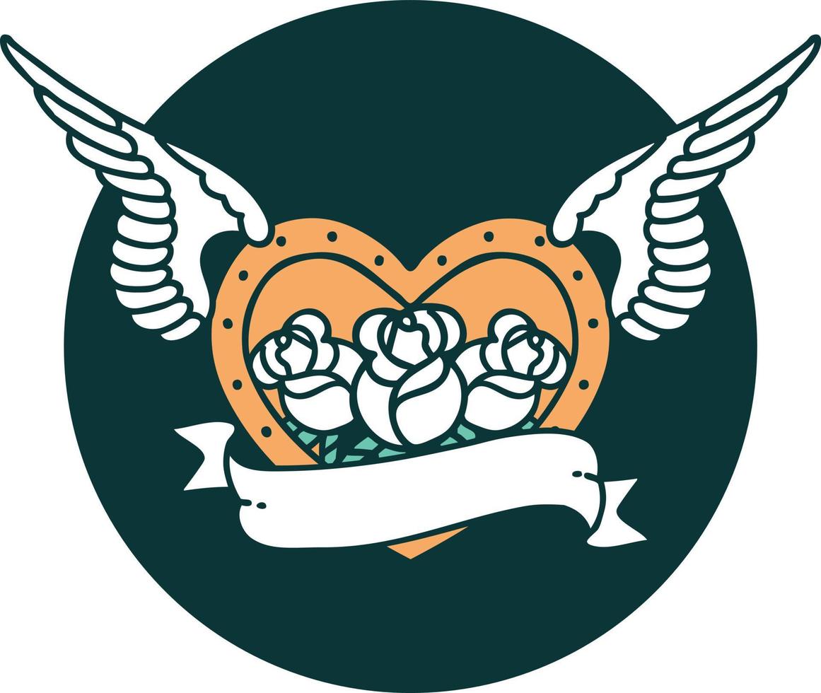 iconico tatuaggio stile Immagine di un' volante cuore con fiori e bandiera vettore