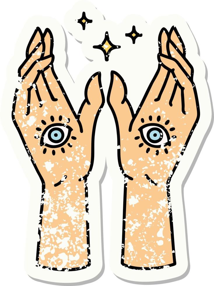 afflitto etichetta tatuaggio nel tradizionale stile di mistico mani vettore