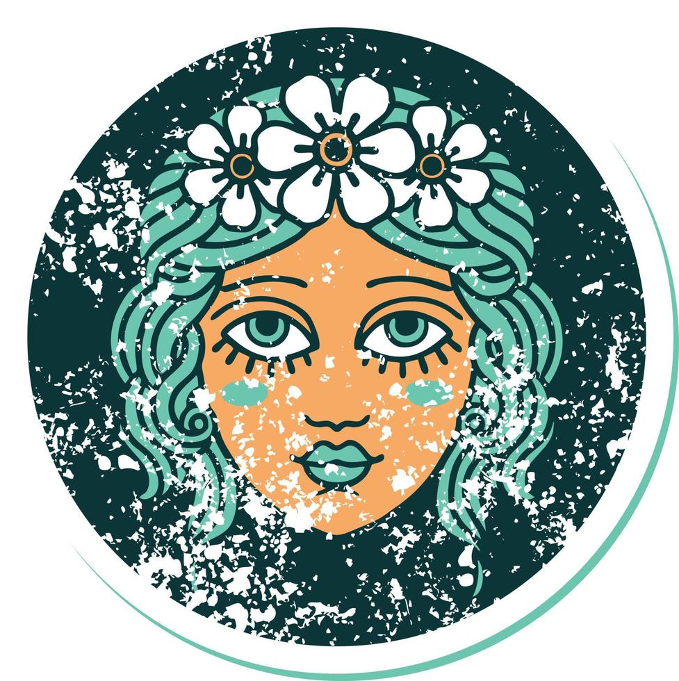 iconico afflitto etichetta tatuaggio stile Immagine di femmina viso con corona di fiori vettore