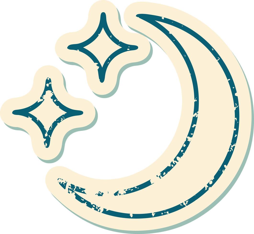 iconico afflitto etichetta tatuaggio stile Immagine di un' Luna e stelle vettore