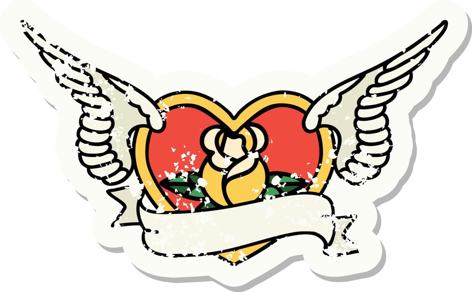 afflitto etichetta tatuaggio nel tradizionale stile di un' volante cuore con fiori e bandiera vettore