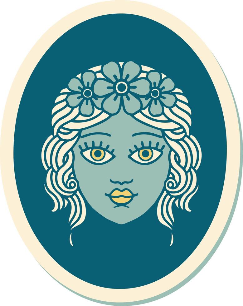 etichetta di tatuaggio nel tradizionale stile di un' fanciulla con corona di fiori vettore