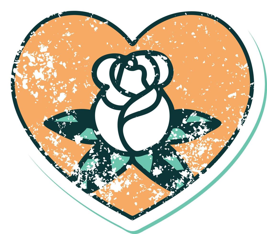 iconico afflitto etichetta tatuaggio stile Immagine di un' cuore e fiori vettore