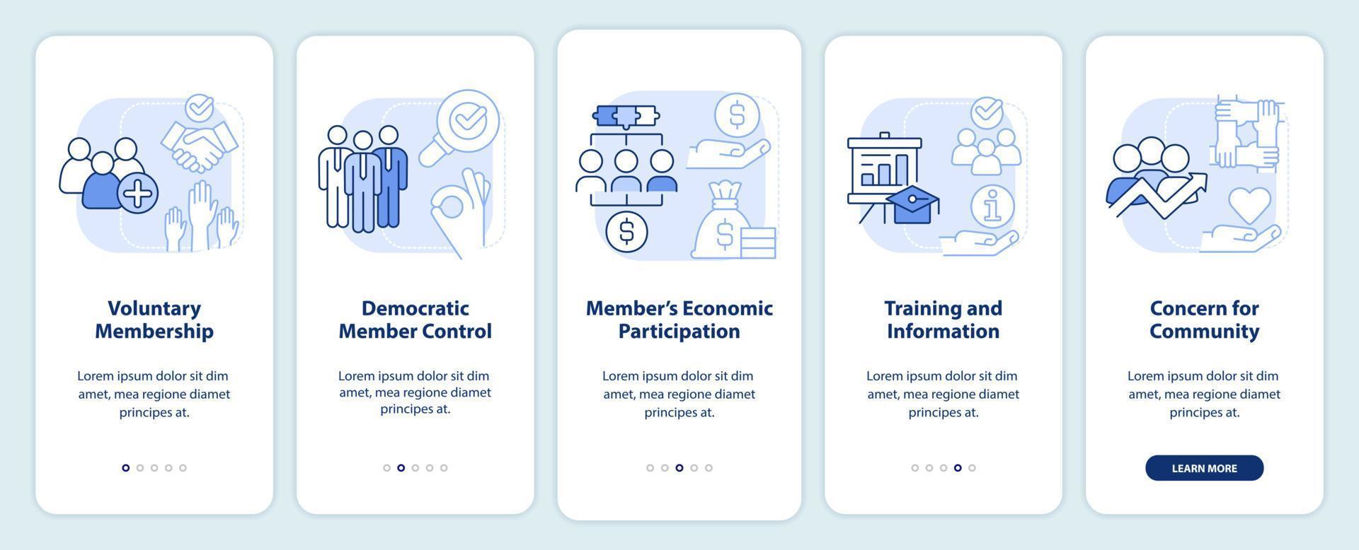 cooperativa i principi leggero blu onboarding mobile App schermo. attività commerciale Procedura dettagliata 5 passaggi grafico Istruzioni pagine con lineare concetti. ui, ux, gui modello. vettore