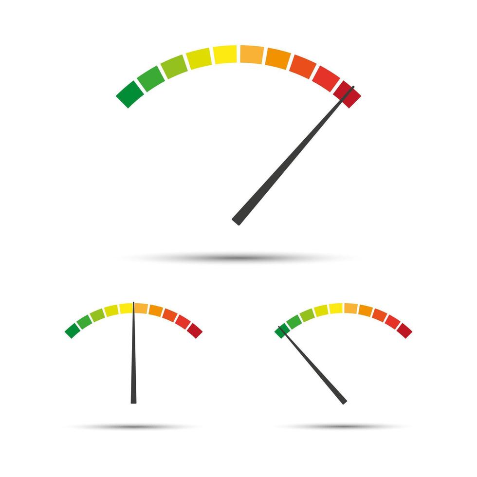 impostato di semplice vettore contagiri con indicatori nel rosso, giallo e verde parte, tachimetro icona, prestazione misurazione simbolo isolato su bianca sfondo