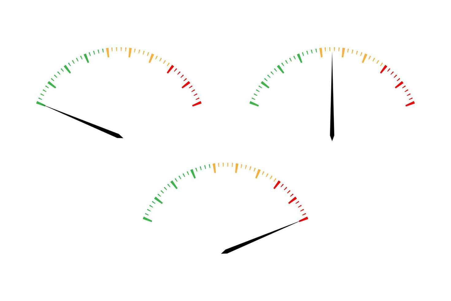 impostato di semplice vettore contagiri con indicatori nel rosso, giallo e verde parte, tachimetro icona, prestazione misurazione simbolo isolato su bianca sfondo