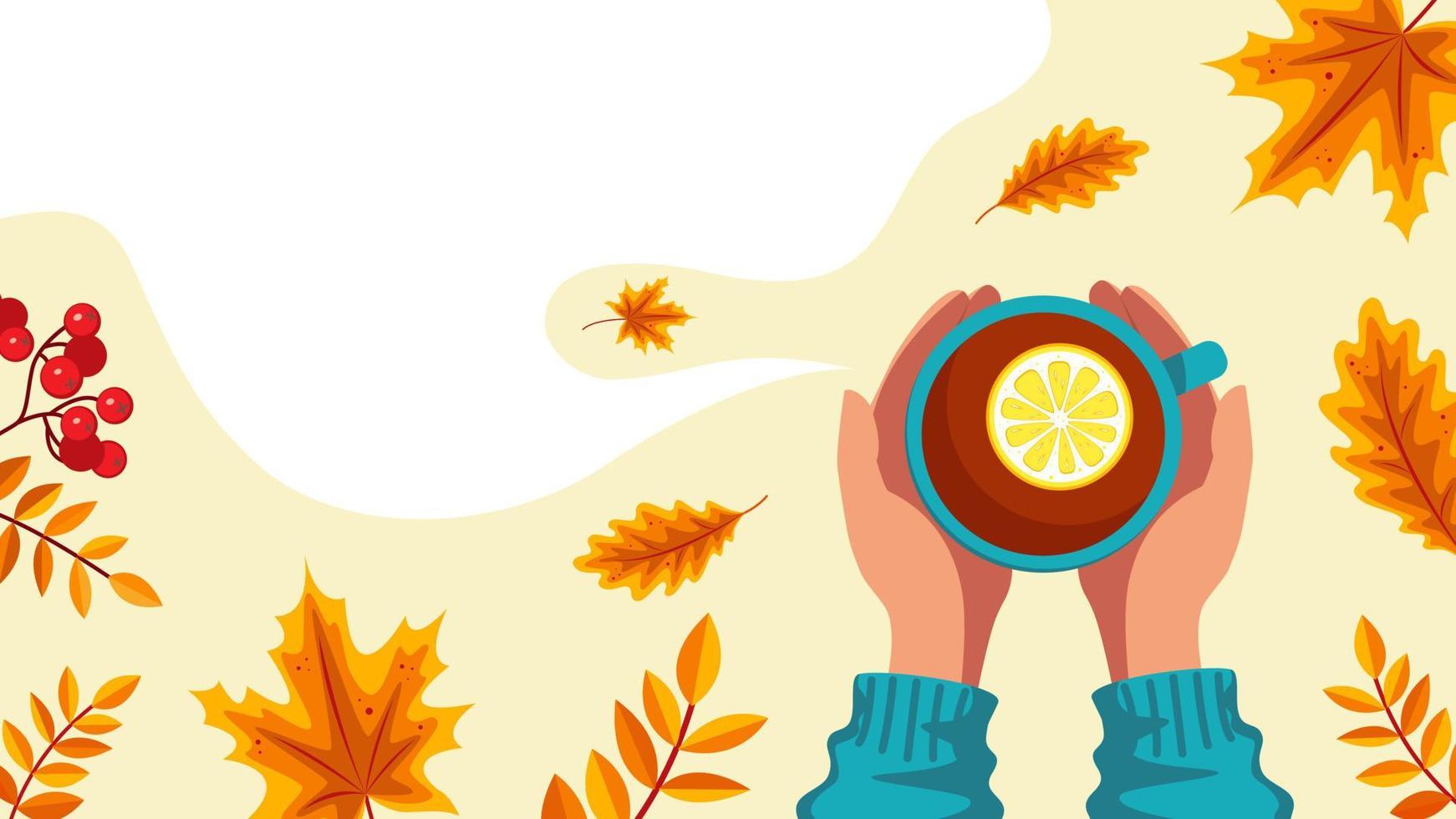 mani hold un' tazza, Limone Tè, autunno le foglie superiore Visualizza. bandiera con copia spazio. vettore azione illustrazione.