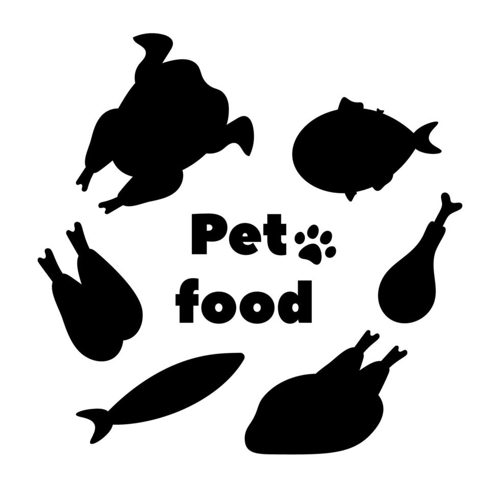 icone per cibo confezione per animali domestici. nero vettore silhouette su un' bianca sfondo. cibo per gatti e cani. tacchino, pesce, pollo bacchetta del tamburo icona. Immagine per ingredienti.di.imballaggio per animale domestico cibo.