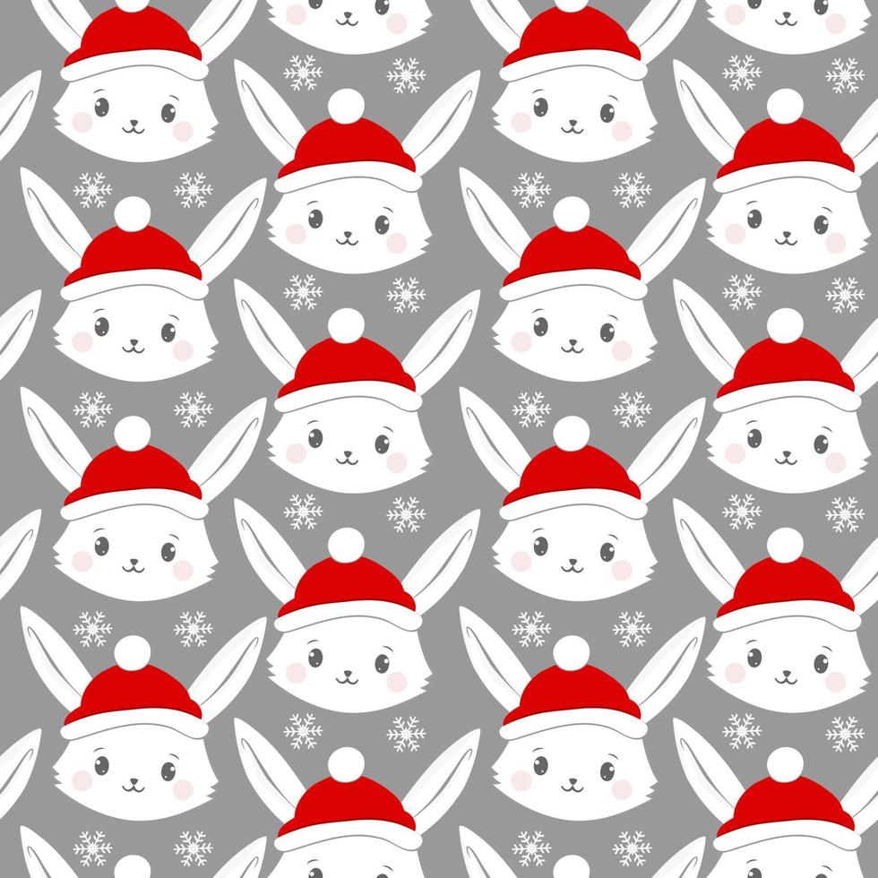 senza soluzione di continuità modello con coniglio cartoni animati con rosso cappello. Santa cappello, i fiocchi di neve e coniglio sfondo vettore illustrazione.