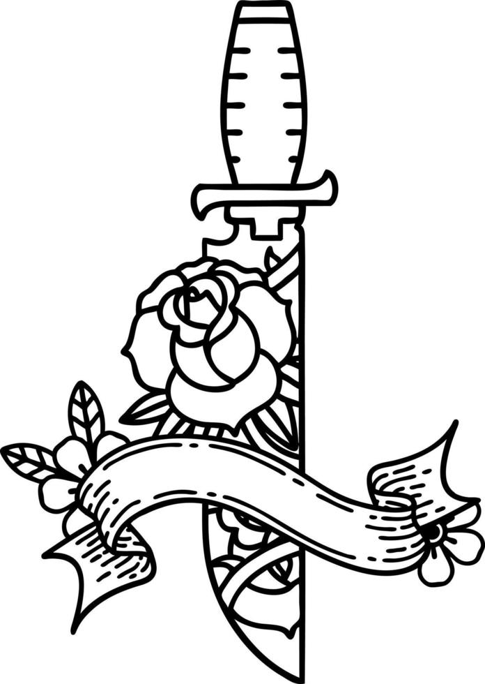 tradizionale nero linework tatuaggio con bandiera di un' pugnale e fiori vettore