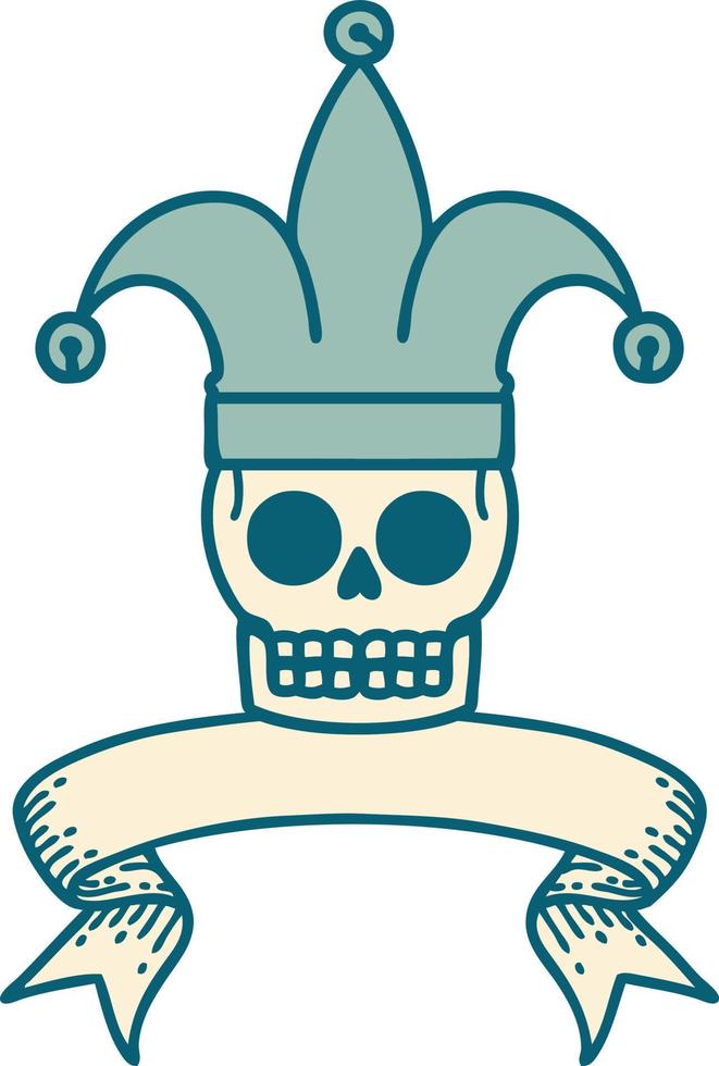 tradizionale tatuaggio con bandiera di un' cranio giullare vettore