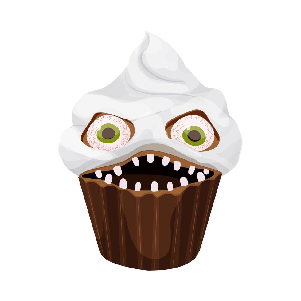 Cupcake Halloween mostro dolce con pauroso viso, denti, occhi nel cartone animato stile isolato su bianca sfondo. vettore illustrazione