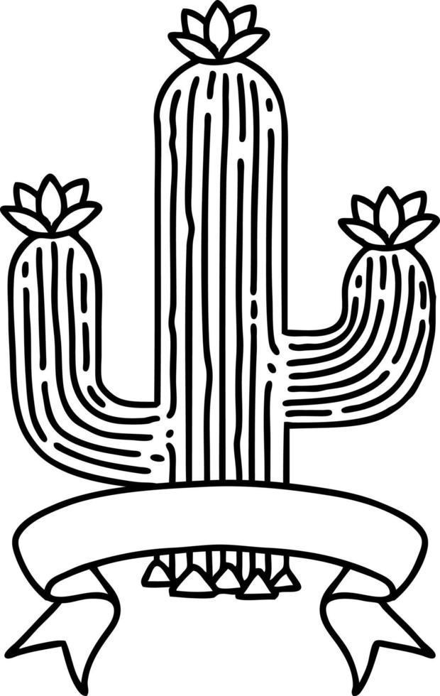 tradizionale nero linework tatuaggio con bandiera di un' cactus vettore