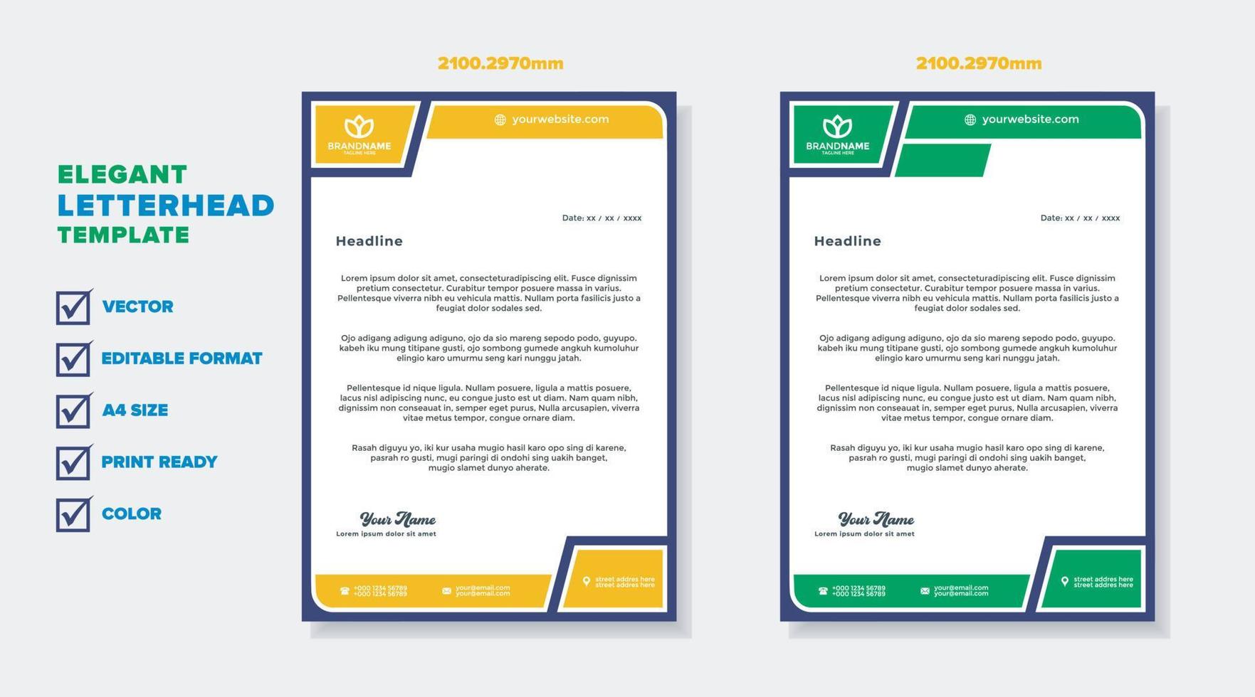 moderno elegante di carta intestata modello per stazionario design per attività commerciale società con giallo e verde colore modificabile formato vettore