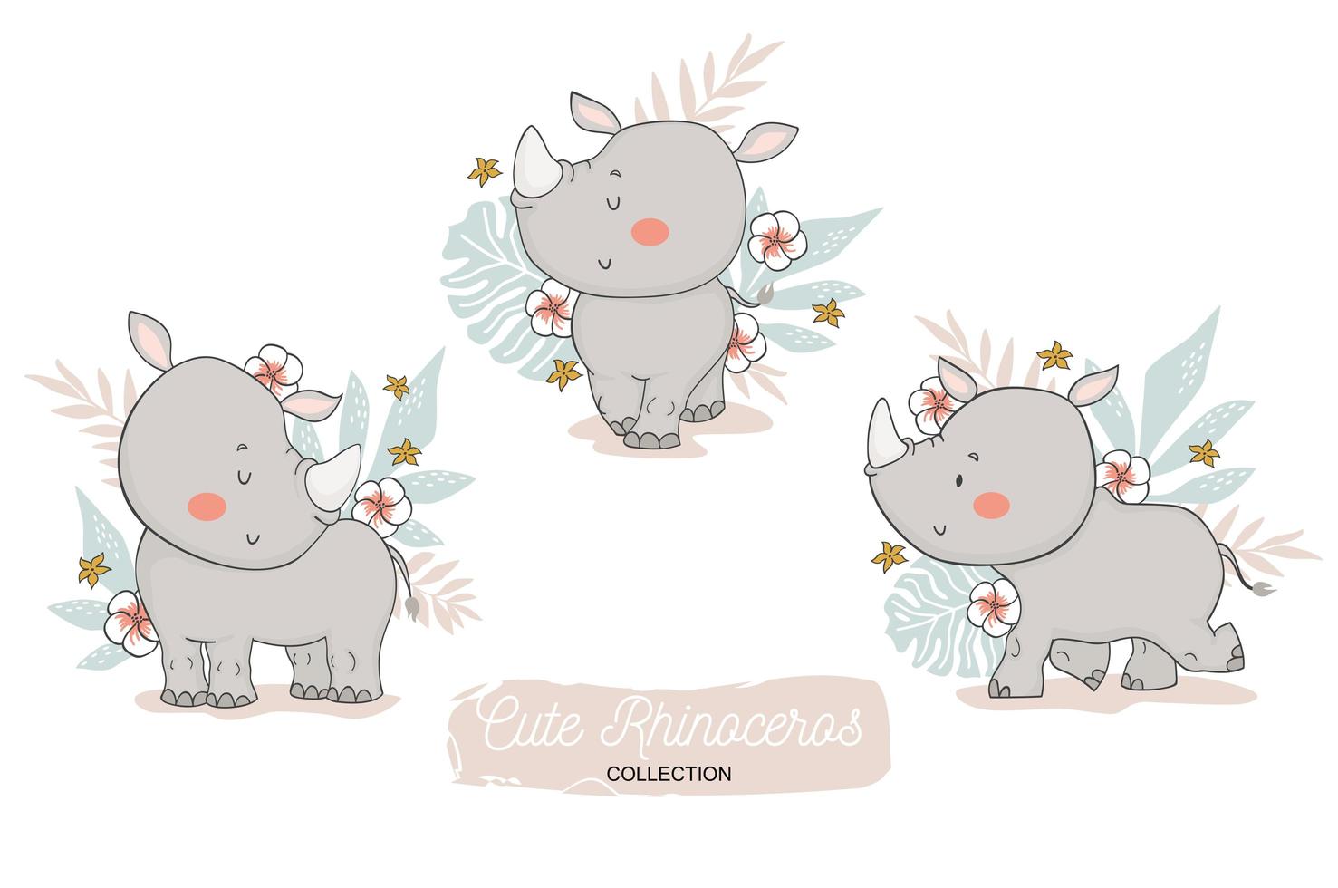 rinoceronte bambino con elementi floreali tropicali vettore