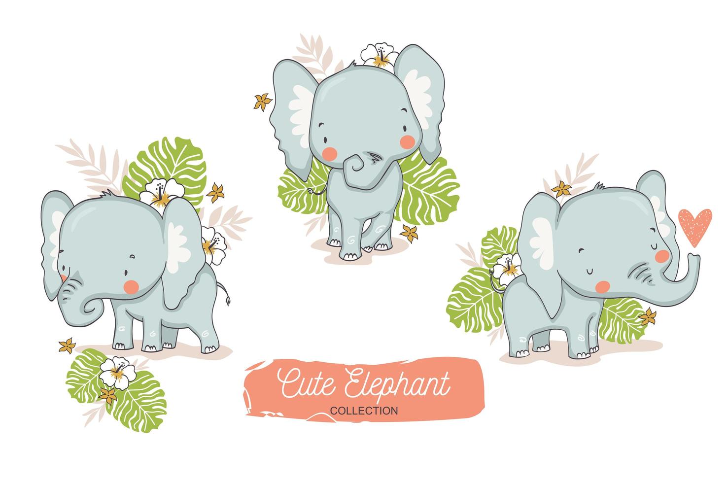 set di elefantini con elementi floreali tropicali vettore