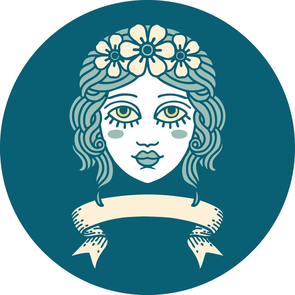 icona con bandiera di femmina viso con corona di fiori vettore