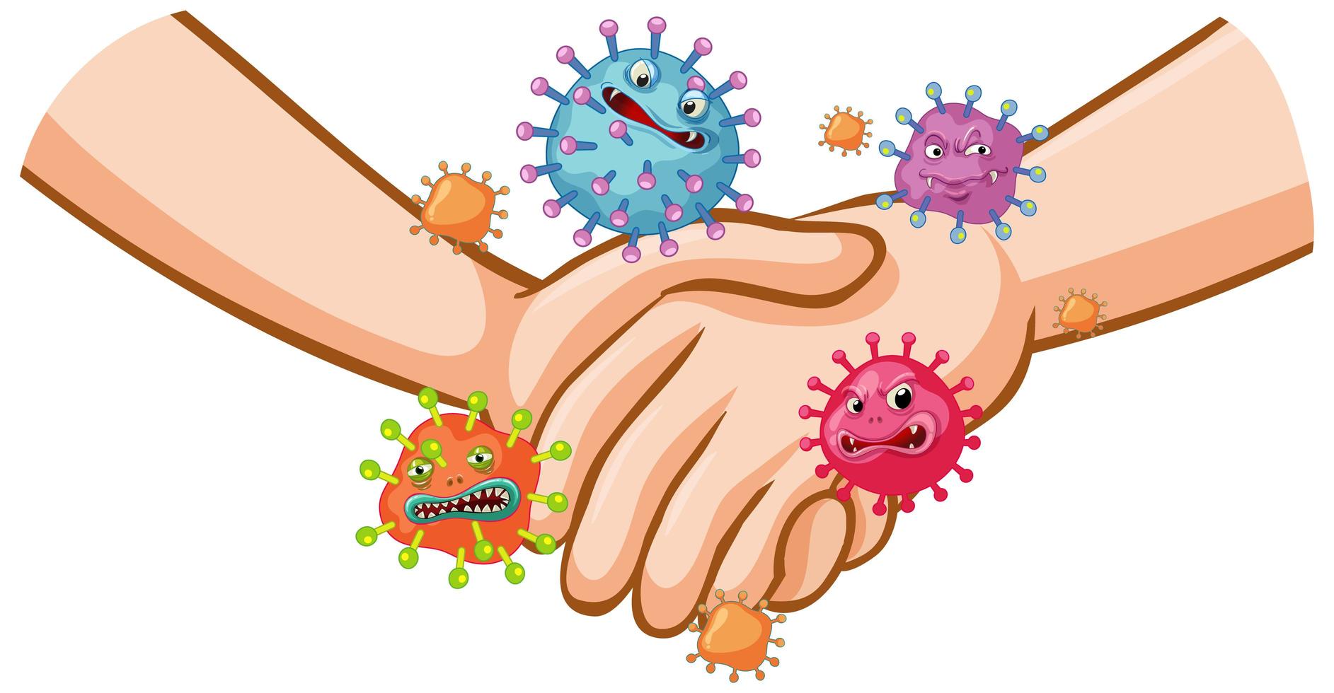 cartellonistica coronavirus con stretta di mano e germi sulle mani vettore