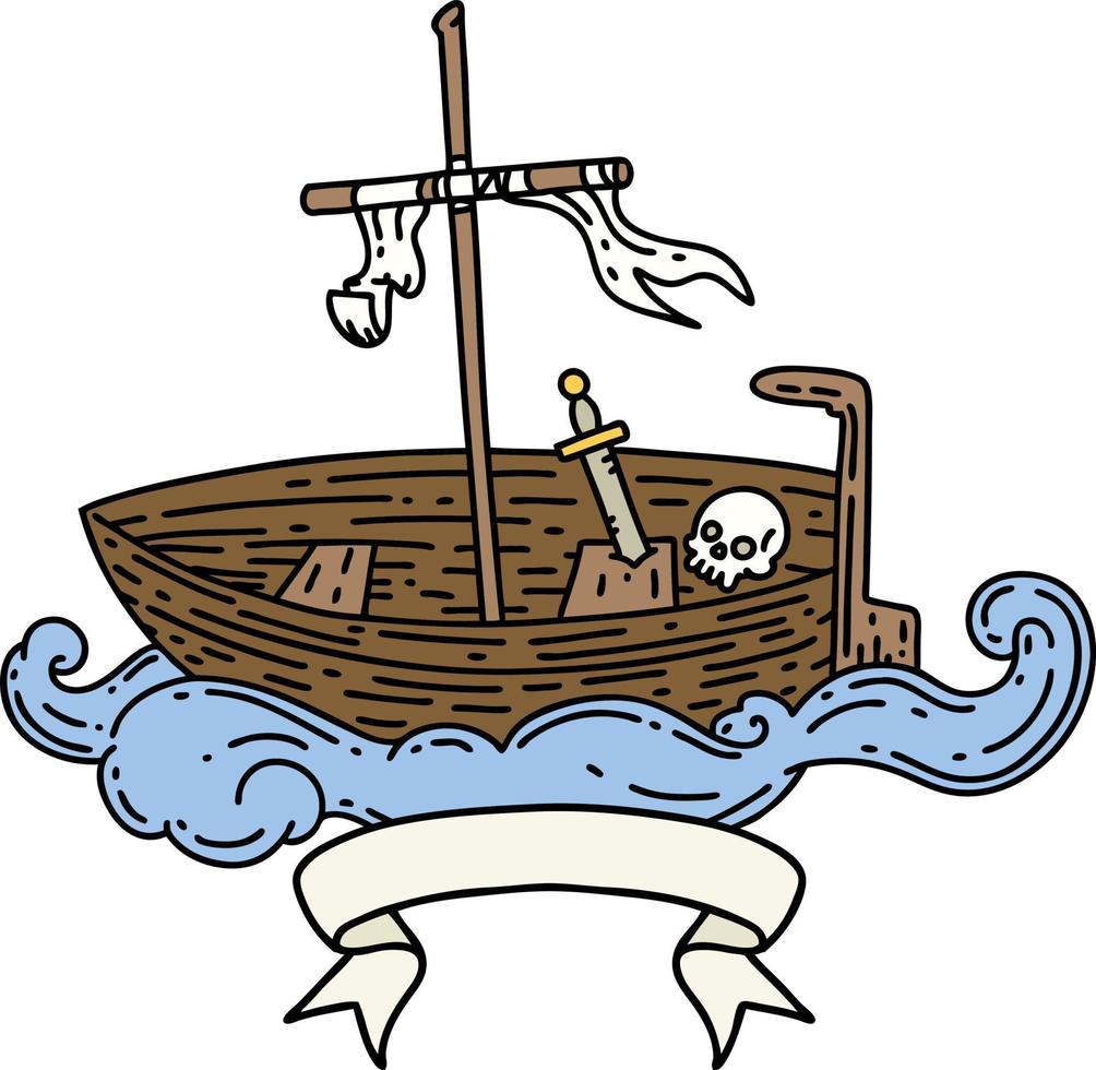 bandiera con tatuaggio stile vuoto barca con cranio vettore